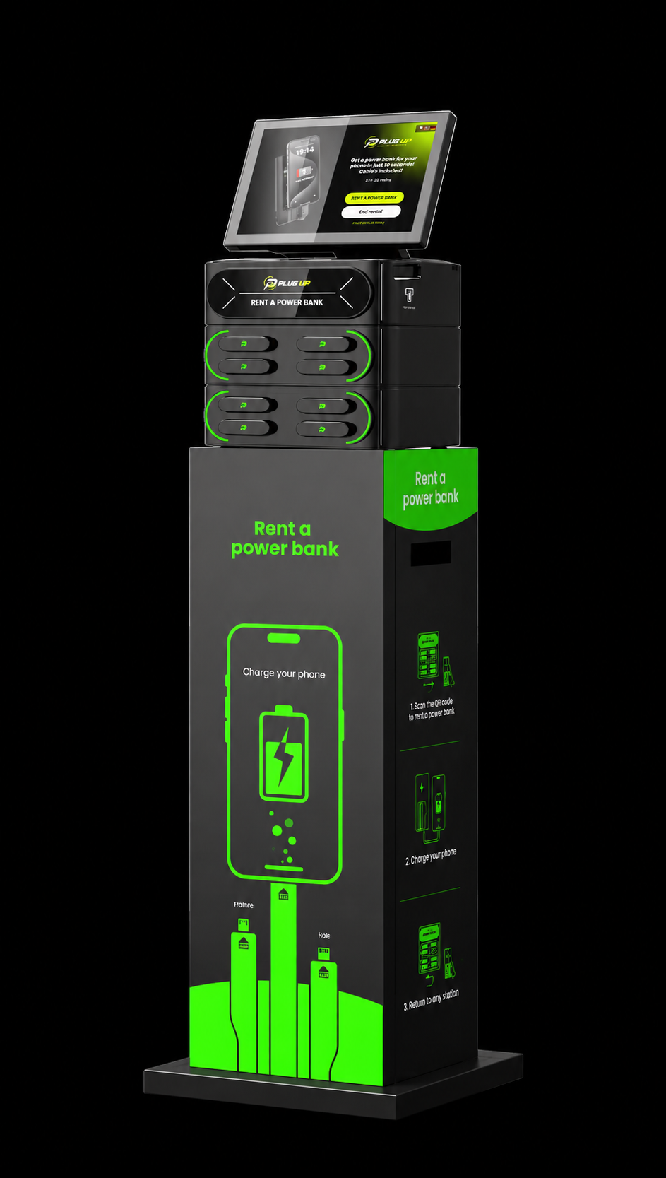 Plug Up charging station on its stand with 8 power banks