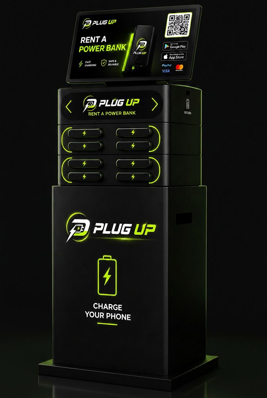 Plug Up portable charger vending machine in a nightclub lounge